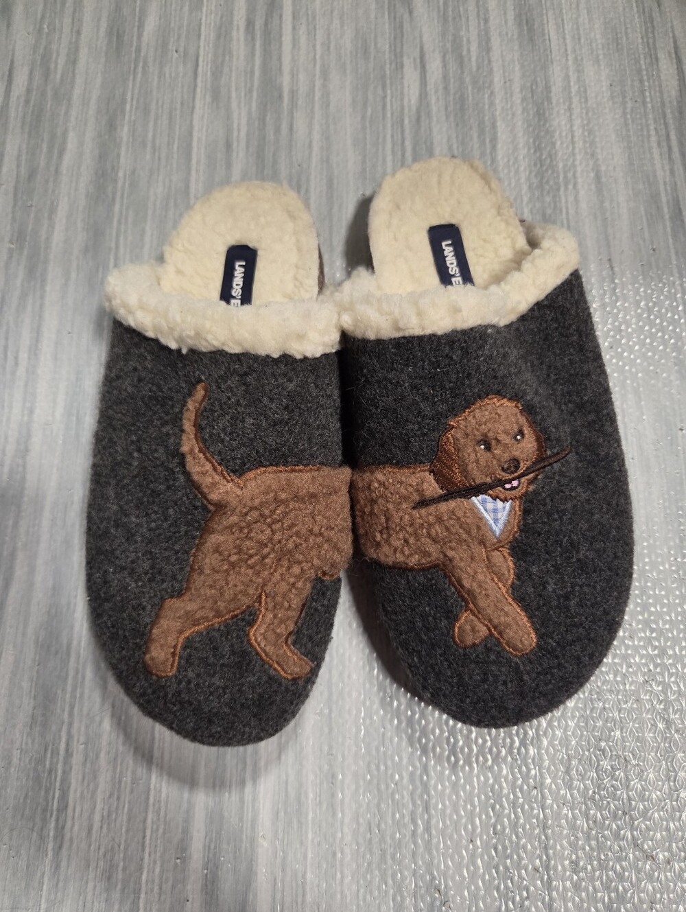 Lands' End Felt Scuff Slippers Dog Print Sherpa Lined Clog House Slippers Sz 9